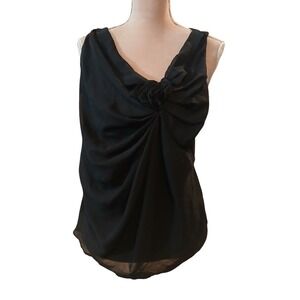 New York & Company L Black Draped Rosette Sleeveless Blouse Top Large Stretch